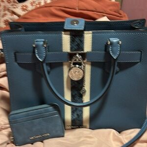 Michael Kors Blue Tote with Cream and Black Stripe